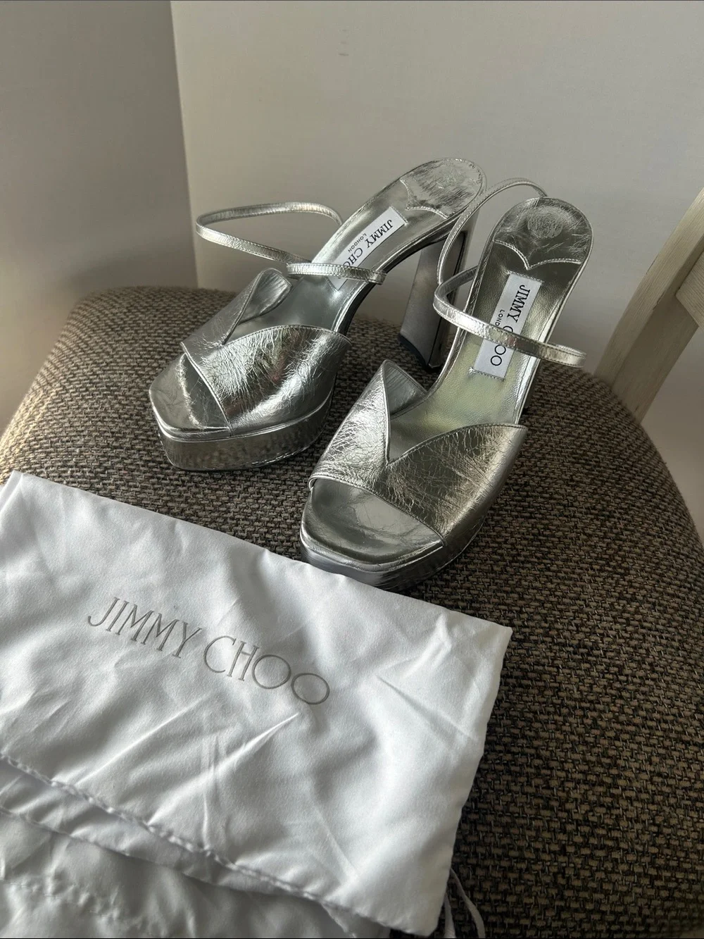 Jimmy Choo Karli 125 Silver Metallic Platform Sandals Disco Glam 39 Disco Glam
